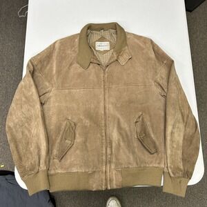 Saddlery Leather Bomber Jacket Mens L Tan Suede Full Zip Ribbed Trim Plaid Lined
